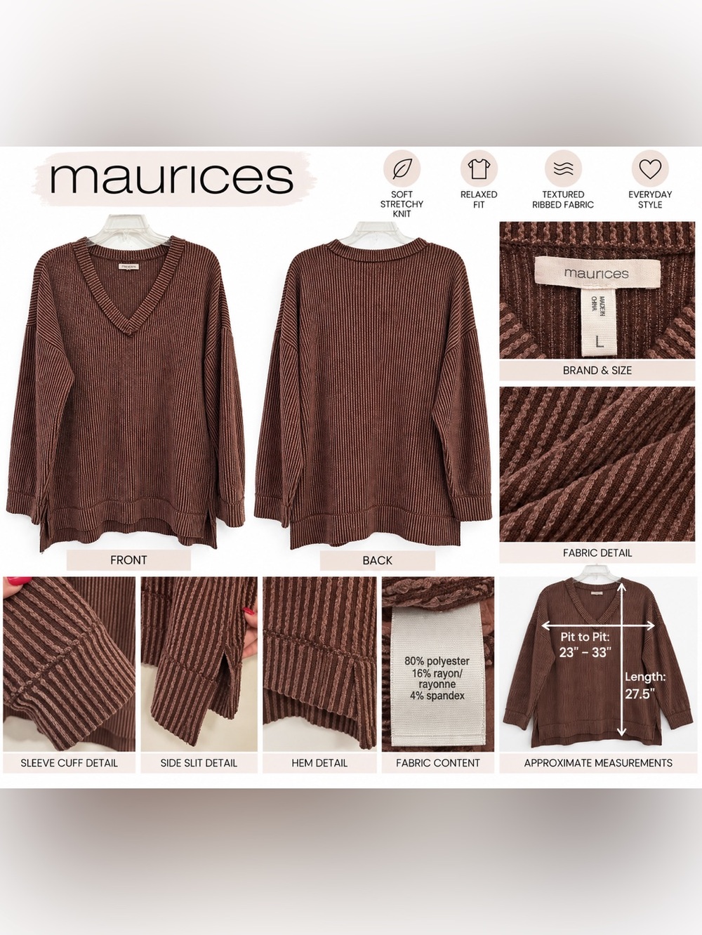 Maurices Brown Ribbed V-Neck Pullover Sweater
